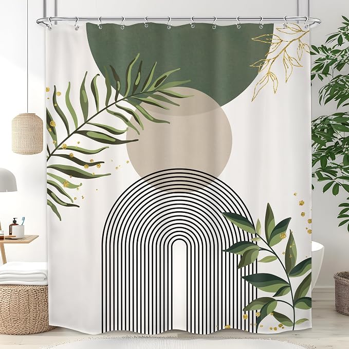 Boho Green Shower Curtain, Sage Bohemian Mid Century Modern 60Wx72H Bathroom Curtain, Abstract Gold Leaves Plant Olive Grey Minimalist Bathroom Decor Bath Curtain Polyester 12 Pack Hooks