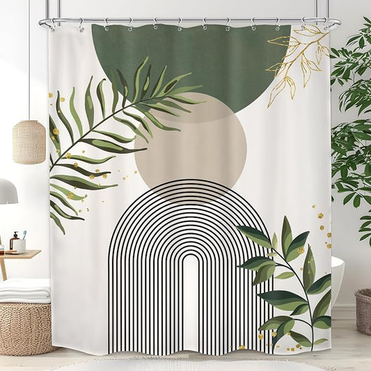 Boho Green Shower Curtain, Sage Bohemian Mid Century Modern 60Wx72H Bathroom Curtain, Abstract Gold Leaves Plant Olive Grey Minimalist Bathroom Decor Bath Curtain Polyester 12 Pack Hooks