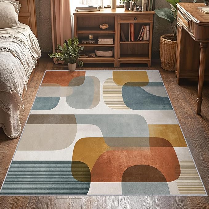 5x6 Mid Century Geometric Rugs for Bedroom Decor, Washable Mid Century Modern Pattern Area Rug, Living Room Home Decoration, Non Slip Soft Thin, Modern Abstract Decor Carpet PF-P 117