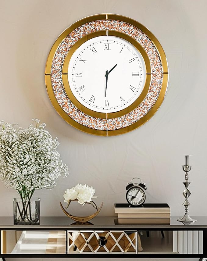Crushed Diamond Wall Clock Round Decorative Mirrored Clock 24 inch Brown
