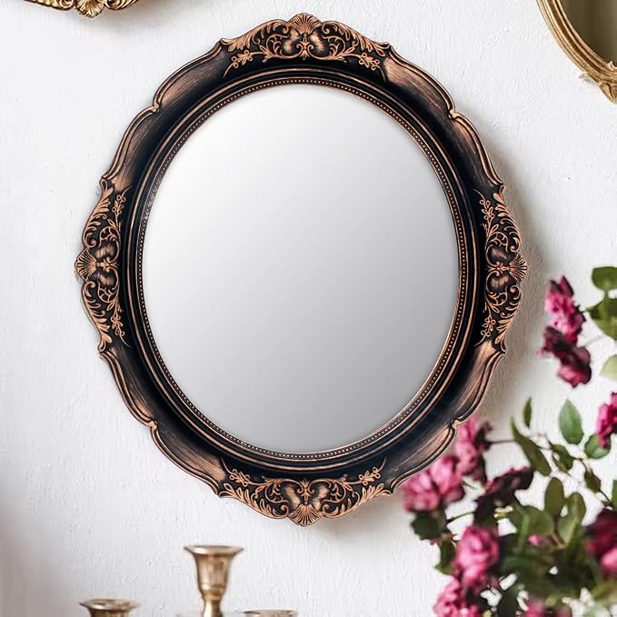 YCHMIR Vintage Decorative Wall Mirror 14.8 x 13.1 Inch Oval Mirror（ Brown）