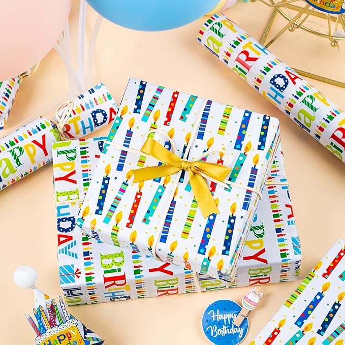 Homeral Birthday Wrapping Paper Roll - Colorful Happy Birthday Lettering & Candles, Reversible Design for Baby Shower, Party - Mini Roll - 17 Inch x 33 Feet