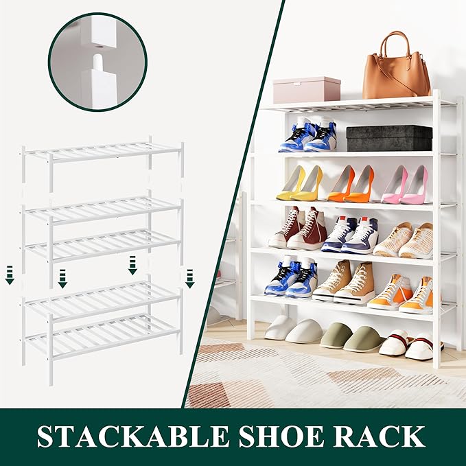 Smiry Shoe Rack, 6 Tier Long Bamboo Shoe Organizer, Stackable Free Standing Wooden Shoe Storage Shelf for Closet, Entryway, Front Door Entrance, White