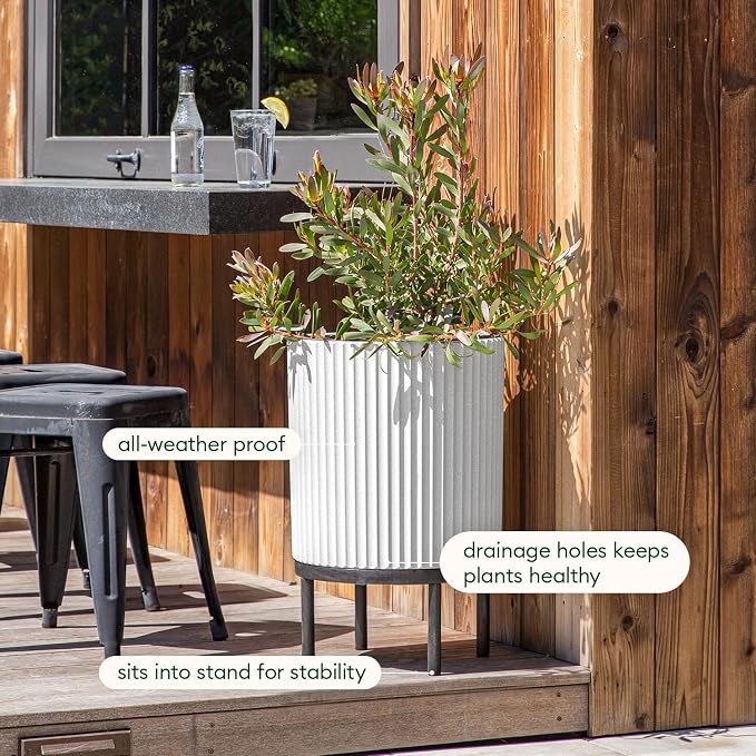 Veradek Demi Series Round Planter w/Stand for Porch/Patio | Durable Plastic-Stone Composite & Wooden Stand | Modern Décor for Tall Plants, Flowers
