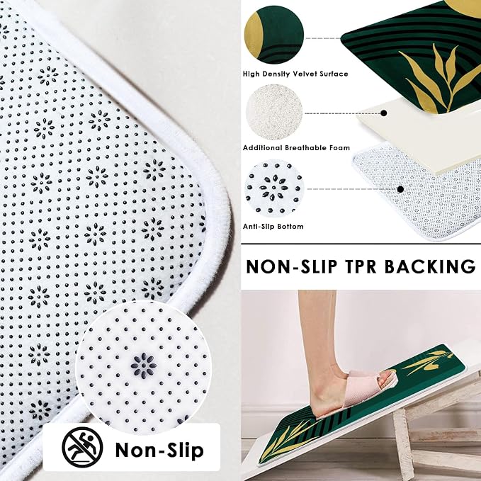 Boho Mid Century Shower Curtain Set with Toilet Lid Cover and Non-Slip Rugs, Abstract Geometric Dark Green 4 Pcs Modern Minimalist Shower Curtain for Bathroom Set with 12 Hooks