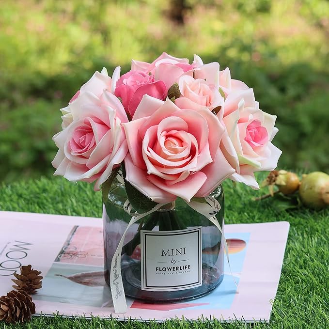 XIAYAN Artificial Flower and Glass vase, Silk Rose Flower Glass Bottle Set, Suitable for Living Room, Dining Table, Office, Wedding, Hotel Banquet and Other Home Decoration. (Pink)………