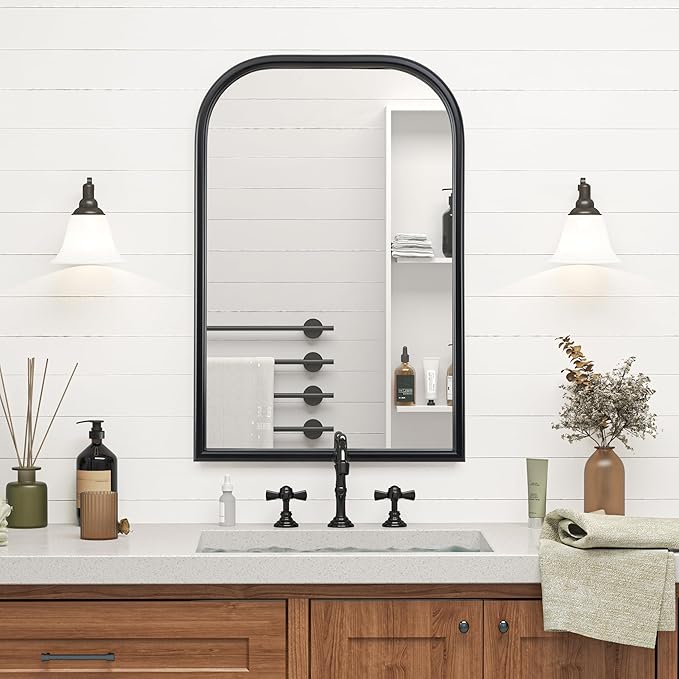 20"x30" Arch Wall Mirror Bathroom Mirror for Wall Mounted, Tempered Glass, Wood Grain Finish Frame Wall Mirror Decorative for Living Room Bedroom Entryway, Black