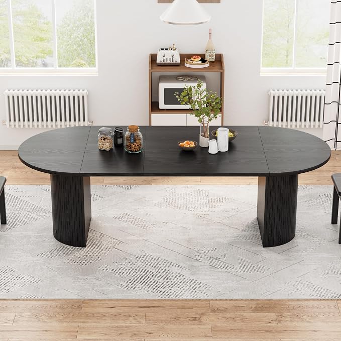43-95 inch Long Round Extendable Dining Table for 4-10, Space Saving Oval Large Dinner Kitchen Table with 3 Leaf, 2 Storage, Fluted Mid Century Modern Dining Room Table for Living Room, Black