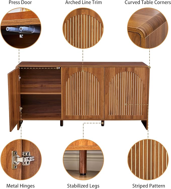 59" Sideboard Buffet Cabinet with Storage, Wood Arched Storage Cabinet with 3 Doors and Adjustable Shelf, Large Curved TV Console Accent Cabinet for Living Room Hallway Kitchen Dining Room, Walnut