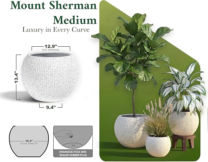 DTY Signature Mount Sherman Modern Indoor Outdoor Fiberstone Sphere Planter, Durable Round Garden Pot, Weather Resistant, Drainage Hole & Rubber Plug,Planter for Christmas Tree (Ribbed White, Medium)