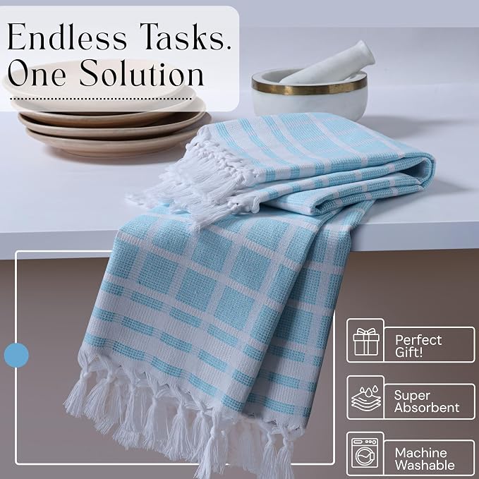 Matrix Dobby Kitchen Towels 4 Pack, 100% Cotton, 16x26 Inches, Handmade Knotted Tassel Tea Towels, Reusable & Absorbent Wash Rags for Drying and Cleaning - Aqua Blue, White