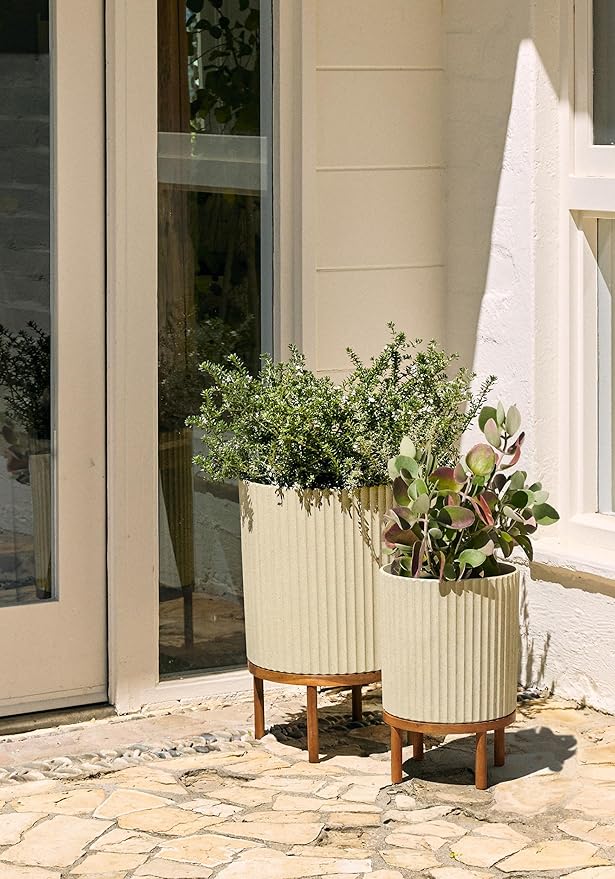 Veradek Demi Series Round Planter w/Stand for Porch/Patio | Durable Plastic-Stone Composite & Wooden Stand | Modern Décor for Tall Plants, Flowers