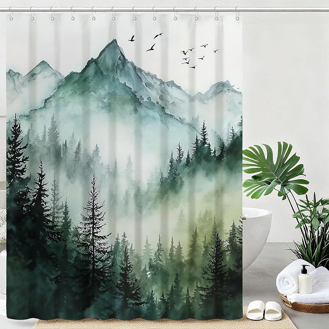 Rustic Green Mountain Shower Curtain Natural Tree Scenery Shower Curtains for Bathroom Waterproof Fabric Bath Curtain Decor with Hooks
