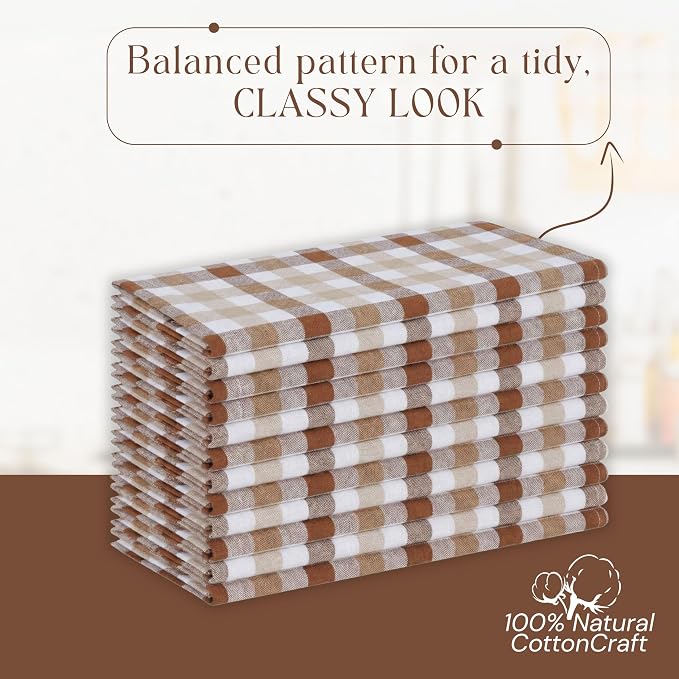 Checked Dish Towels 4 Pack, 18x26 Inches, Quick Dry Towels for Kitchen, Durable, Reusable, Absorbent Wash Cloths Set, Washable Fabric, Heavy Duty for Daily Use - Brown, Beige, White
