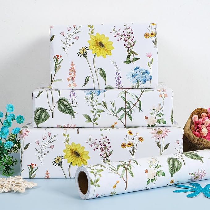 RayofSun Floral Wrapping Paper Roll 17 in x 32 ft Mini Roll Yellow Flower Wildflowers Plants Gift Wrap Paper for All Occasion Wedding Birthday Bridal Shower Party Baby Shower Christmas