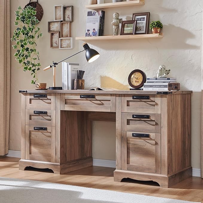 RedLemon 60" Farmhouse Executive Desk, Home Office Desk with Drawers, Charging Station, Keyboard Tray, File Drawer, Storage Cabinet, Wood Rustic Computer Writing Desk (Natural Oak)