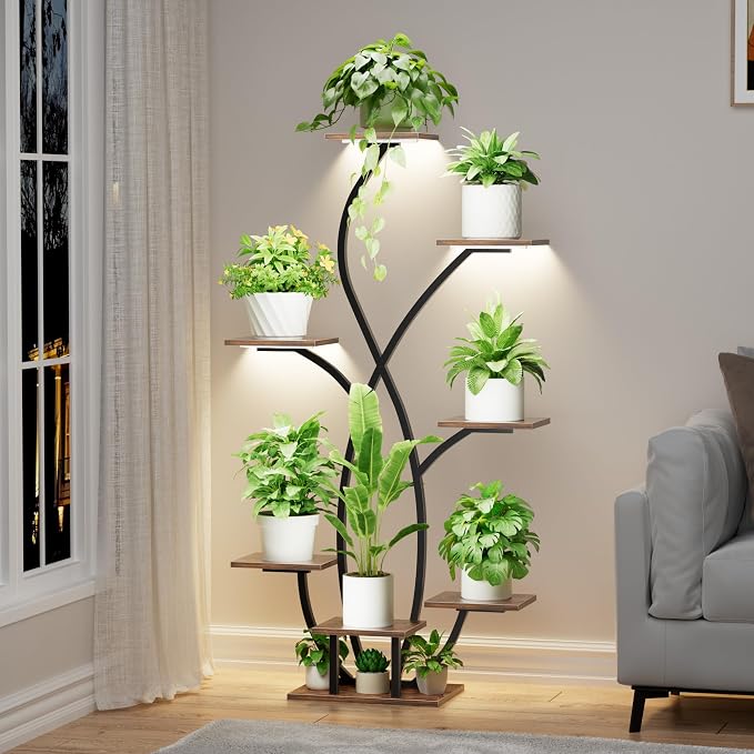 Plant Stand Indoor with Grow Light, 55'' Corner Plant Stands for Indoor Plants, 7 Tiered Indoor Plant Shelf, Flower-Shaped Plant Rack, Metal Display Shelves for Living Room Patio Balcony Decor Black