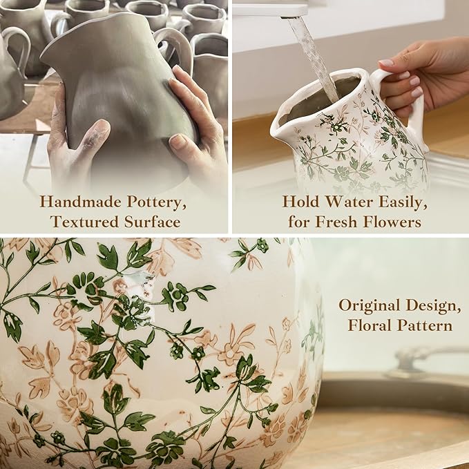 Ceramic Green and White Floral Vase with Handle, Rustic Farmhouse Pitcher Flower Vase, Chinoiserie Floral Vase for Home Decor, Living Room, Shelf, Office, Rustic Table Centerpiece 8 Inch