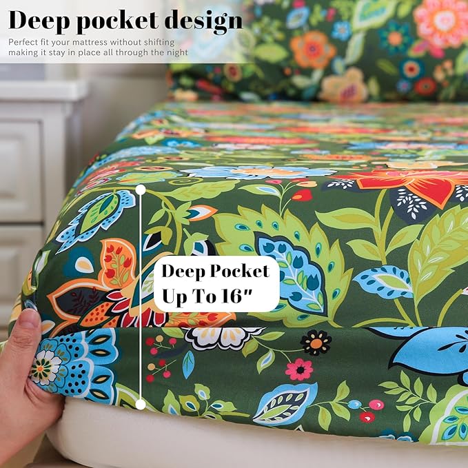 Bedlifes Queen Sheet Set Ultra Soft, Breathable, Silky Flower Deep Pocket 100% Microfiber Bedding, 4 Piece Queen Size with Floral Dark Green