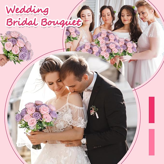 Olgaa 12 Bundles Peonies Artificial Flowers Artificial Peonies Silk Flowers Bulk Fake Peony Bouquet for Bridal Shower Decorations Wedding Table Centerpiece (Pink Purple)