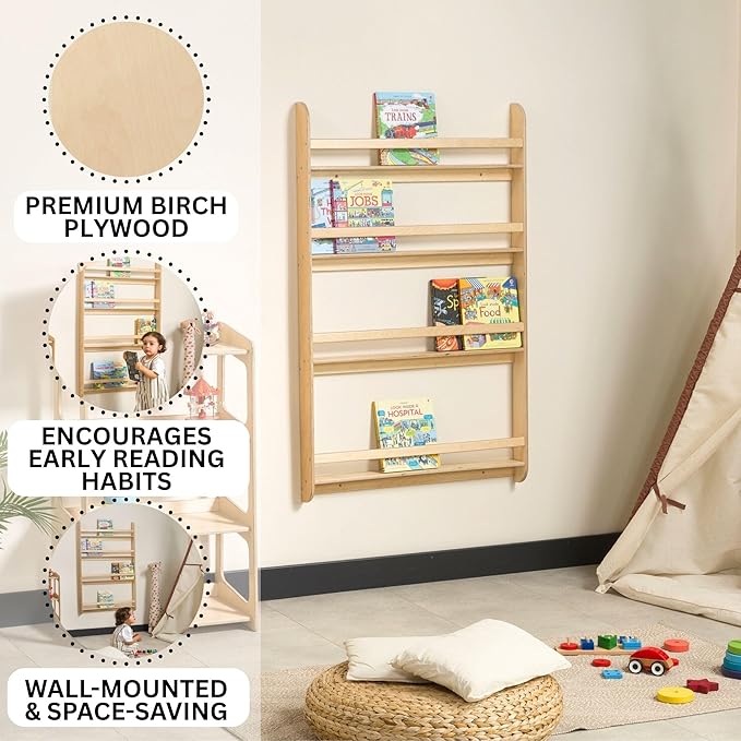 Montessori Wall-Mounted Bookshelf for Toddlers Toy Storage Shelf Organizer for Playroom and Classroom Floor Bookshelves for Kids Room (Natural, XL, 4)