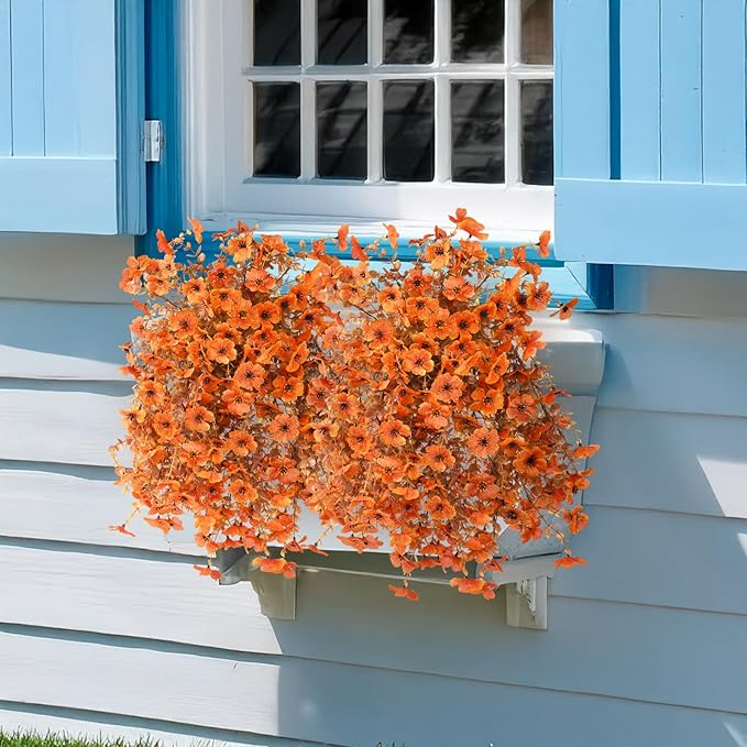 Artificial Fake Fall Flowers Faux Mums for Outdoor Decoration, 2 Pcs Fake Silk Daisy Flower Plants Realistic UV Resistant for Home Porch Balcony Patio Autumn Decor(Orange