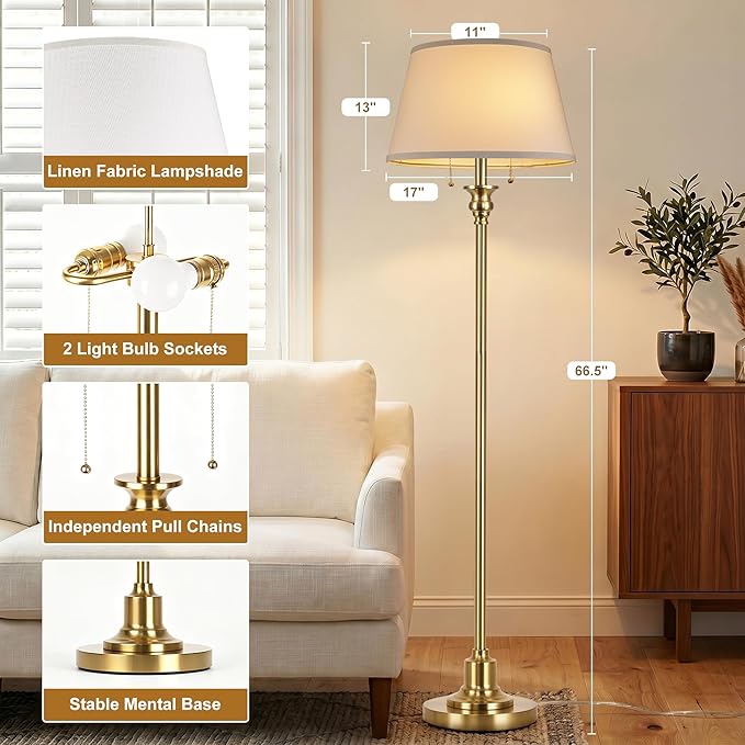 2-Light Floor Lamp for living room, 66.5'' Rustic Farmhouse Pole Lamp with Double Pull Chain, Mid Century Vintage Tall Standing Lamp for Bedroom Home Decor(3 Color Temperatures Bulb Included), Gold