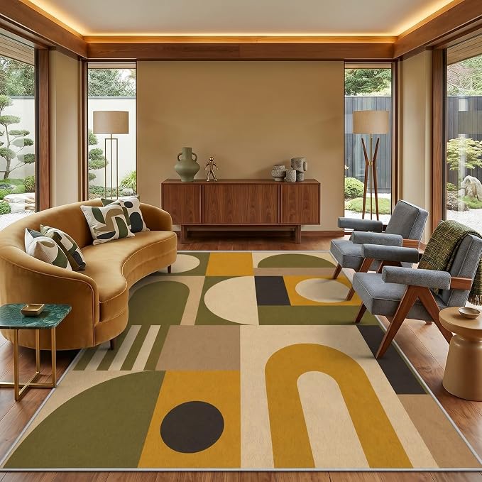 Olive Bauhaus Area Rug 4x5, Mid Century Modern Geometric Rug, Mustard Green Abstract Color Block Washable Low Pile Non Slip Rug for Living Room Bedroom
