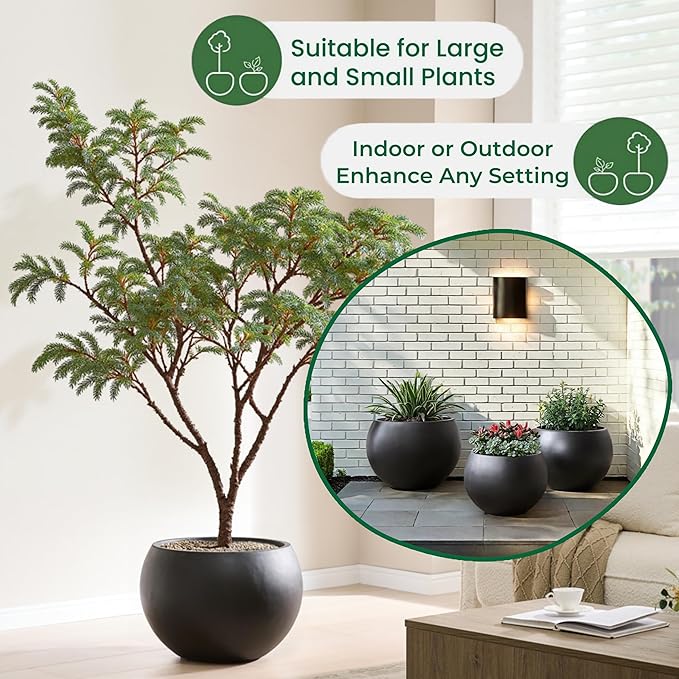 21.3" D Fiberstone Extra Large Planter, Black 16.6" Pot Opening x 14.8" H, Spherical Flower Pot with Drainage Hole, Weather Resistance Indoor Outdoor Planters