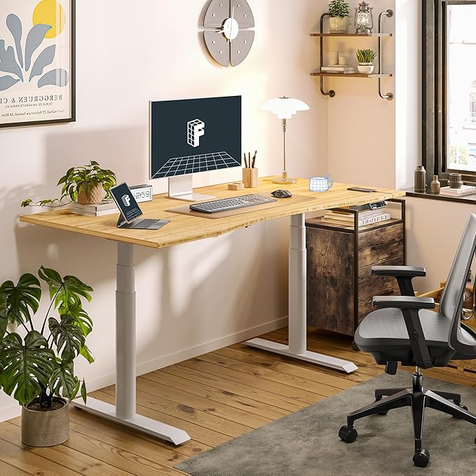 FLEXISPOT E6 Pro Oval Leg Dual Motor 3 Stages Bamboo Whole-Piece Electric Standing Desk 78x30 Inch Board Height Adjustable Electric Sit Stand Up Desk (White Frame + Bamboo Whole-Piece Curved Desktop)