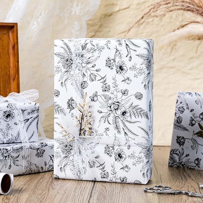 Yarcony Black and White Wrapping Paper, Floral Gift Wrapping Paper Roll, Elegant Black Lined Flowers Gift Wrap for Birthday,Wedding, Baby Shower,Christmas,Bridal Shower,Mother's Day (17 In X 16.5 Ft)