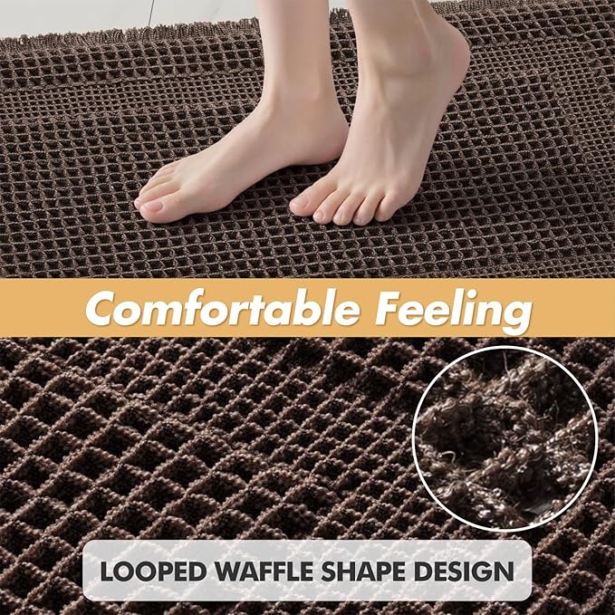 MIULEE Set of 2 Waffle Bathroom Rugs, Boho Bath Rug Super Absorbent, Non Slip Washable Ultra Soft Rubber Backed Shower Bath Mats for Floor, Tub, Shower, Looped Design, Chocolate, 24x36 Inch