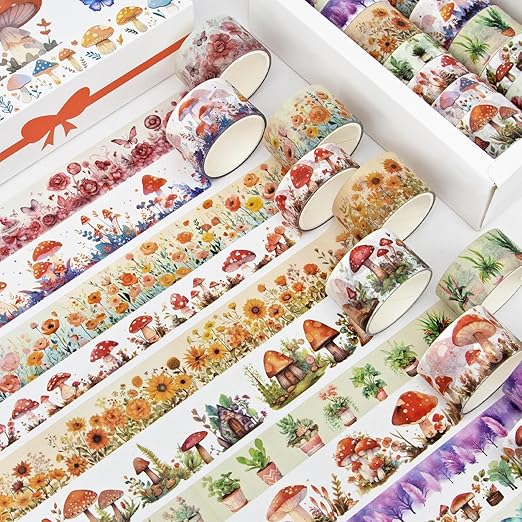 KOVANO Washi Tape Set 13 Rolls - Mushroom Butterfly Floral Decorative Tape, Colored Masking Tape for Scrapbooking Supplies, Bullet Journal Supplies, Junk Journal, DIY Crafts Art