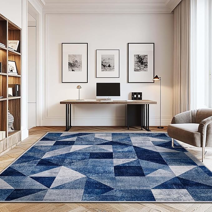 9x12 Navy Blue Area Rug Modern Geometric Blue White Beige Bedroom Rug Soft Low Pile Thin Large Carpet Living Room Non Slip Dining Room Stain Resistant Office Washable Machine
