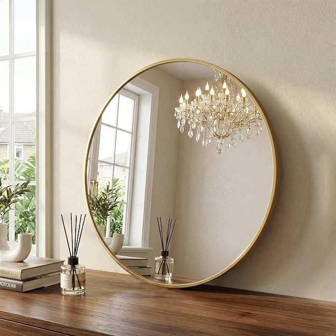 Sweetcrispy Round Bathroom Mirror for Over Sink, 28 Inch Wall Mounted Vanity Mirror with Matte Metal Frame, Decor for Bathroom, Entryway, Bedroom, Gold