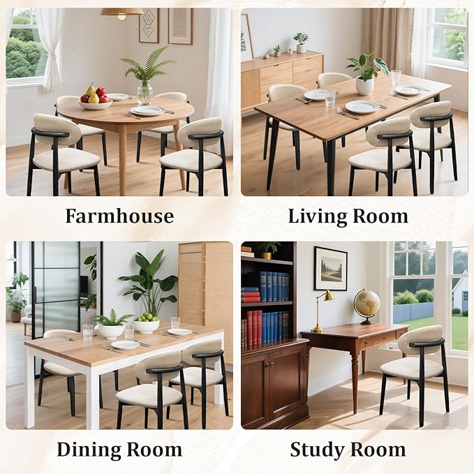 Farmhouse Dining Chairs Set of 6, Mid Century Modern Fabric Upholstered Kitchen Chairs, Wooden Dining Room Chair with Curved Back&Black Legs for Kitchen Dining Room Restaurant Cafe, Beige, Only Chairs