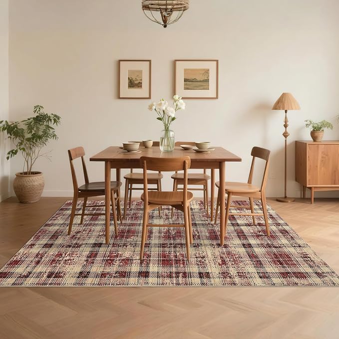 Washable Rug 10x13 Large Area Rug for Living Room Christmas Plaid Soft Bedroom Rug Non Shedding Non Slip Throw Rugs Stain Resistant Carpet for Dining Room Office Nursery Rugs 10'x13' Red