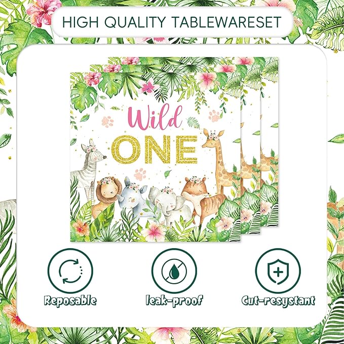 48Pcs Wild Birthday Decorations Plates and Napkins Forks Jungle Safari Animals Party Decorations for 16 Guests Two Wild Animals Birthday Decorations for Girls
