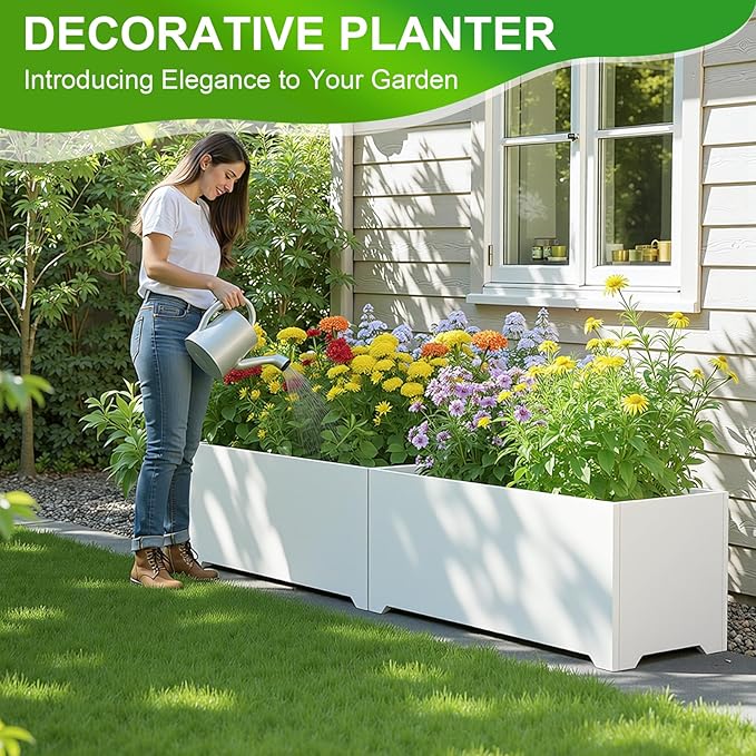 Metal Large Rectangular Planter 32" L x 15" W x 15" H,- Long Planter Box with 6 Drainage Holes & Raised Bottom, White Planter Boxes Outdoor Modern Design for Patio, Garden, Porch