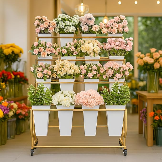 Flower Display Stand Frame, 4-Tier Flower Cart with Wheels, Metal Floral Display Rack , Moving Florist Bouquet Shelf for Shop ,Flower Bar, Events (Gold - 4 Tier) ,Without Flower Buckets