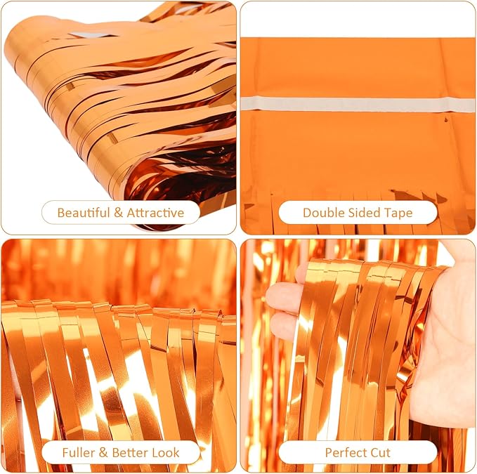 2 Pack 3.2x8.2 Feet Orange Foil Fringe Backdrop Curtains, Metallic Tinsel Photo Booth Backdrop Streamers Birthday Party Decorations, Halloween Baby Shower Disco Basketball Party Supplies