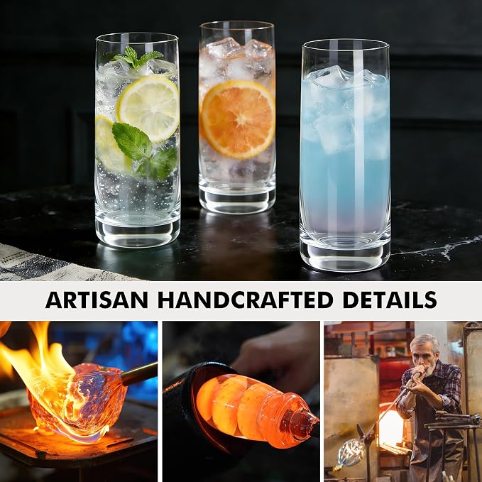 Highball Glasses Set of 6,13oz Clear Drinking Glass Cups for Mixed Drink Cocktail, Beer, Mojito, Water and Juice, Thick Tall Crystal Glassware for Kitchen, Restaurant, Home Bar and Parties
