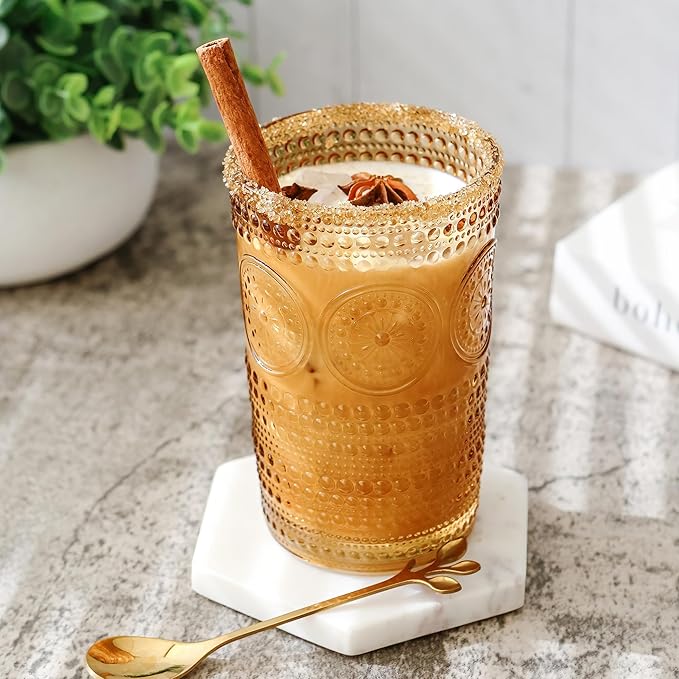 Hobnail Beaded Floral Amber Drinking Glasses Set of 6, (13 oz) Vintage Glassware Set by Kate Aspen| Cocktail Glass Set, Juice Glass, Water Cups | Great Hostess Gift & Gift for New Home Owners
