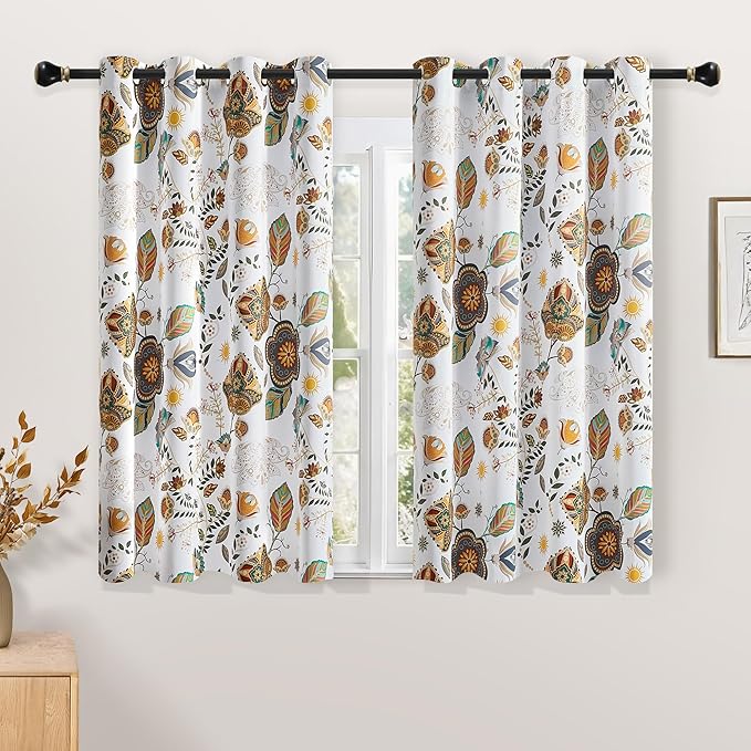 White Vintage Fancy Floral Patterned Blackout Curtains 63 Inch Length Shabby Chic Farmhouse Curtains for Bedroom Living Room Darkening Mid Century Colorful Grommet Black Out Drapes 2 Panels 52x63