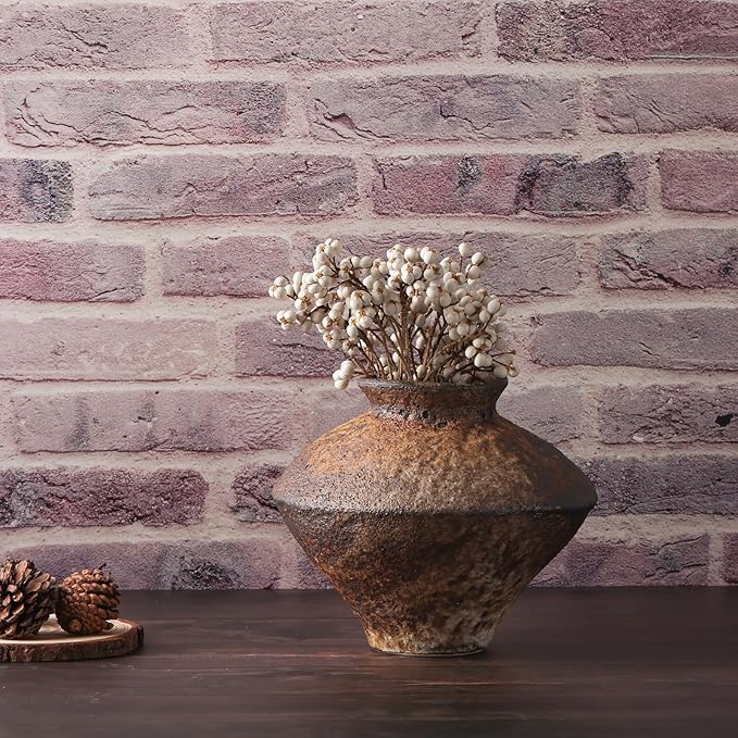 Small Stone Vase for Rustic Home Decor, Farmhouse Antique Pottery Vase Furniture&Table Flower Decorative, Round Terracotta Vases for Living Room Decor, Modern Rustic Concrete Clay Art Vases