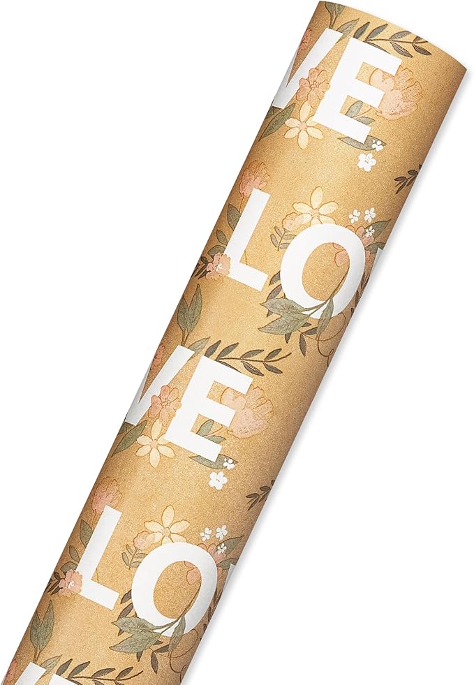 American Greetings 175 sq. ft. Reversible Flower Wrapping Paper Bundle for Weddings, Bridal Showers, Engagement, Anniversaries and All Occasions, Love Text and Floral (1 Roll, 30 in x 70 ft.)