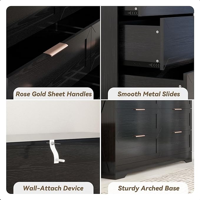 Modern 6 Drawer Dresser for Bedroom, Dresser Chest of Drawer with Large Drawers & Golden Handles, Wooden Dressers Drawer Storage Unit for Bedroom, Living Room, Closet (Black)