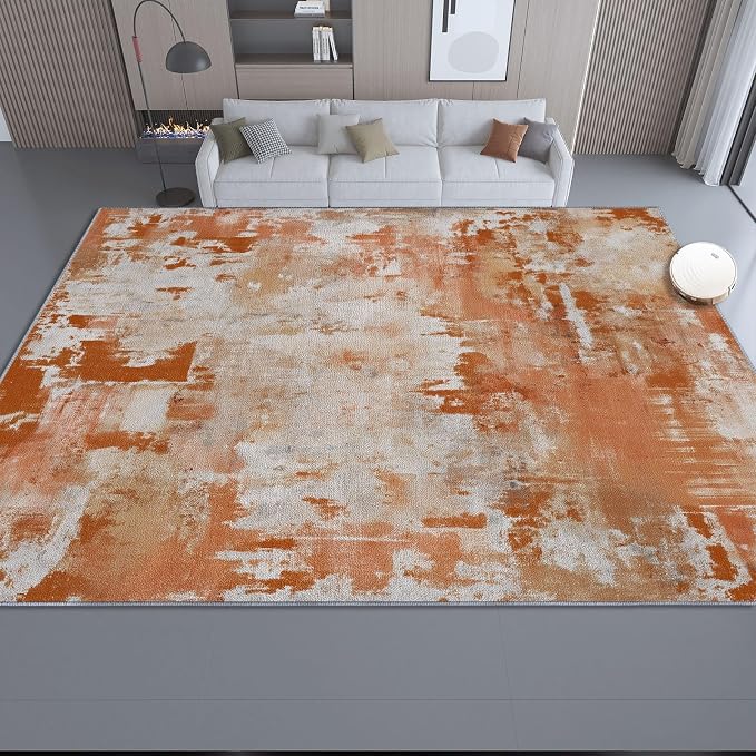 3x5 Washable Area Rug, Orange Color Retro Distressed Textured Design Non Slip Non-Shedding Rug Easy Care for Living Room Bedroom Kitchen Office Carpet