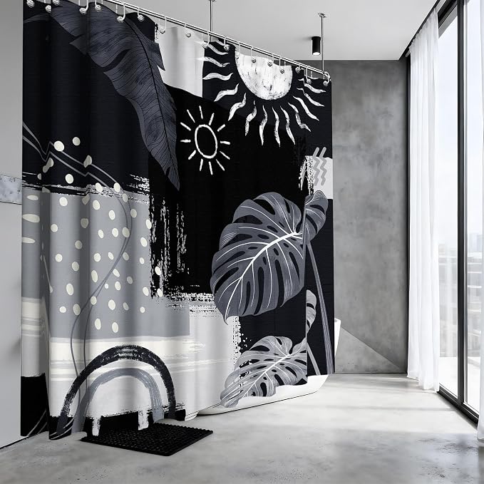Extra Long Shower Curtain Extra Tall Black and Gray XL Black and Grey Abstract Shower Curtains for Large Bathroom Decor Sets, Waterproof Cloth Fabric with Hooks, 108x72 Inch