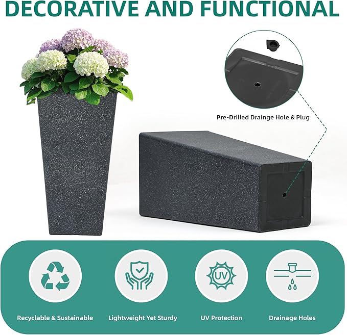 28" Plant Pots Tall Planters for Plants Outdoor Set of 2 Plastic Planter Pot Large Flower Pots Indoor Weather-Resistant for Patio, Porch, Garden, Front Door Christmas Decor Terrazzo Black